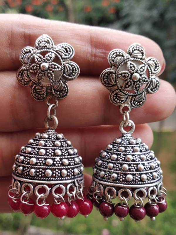 Traditional German Silver Oxidised Antique Jhumki Earrings