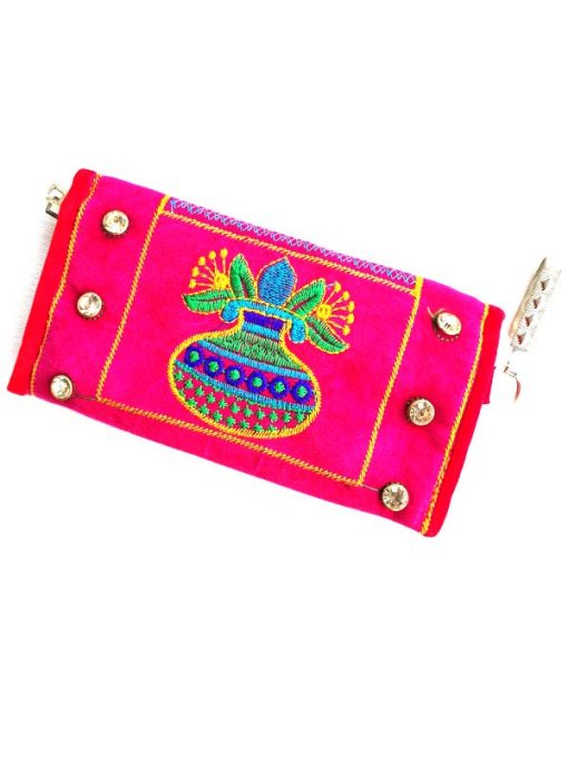 Trendilook Handmade Valvet Resham Pink Hand Wallet for Ladies and Girls