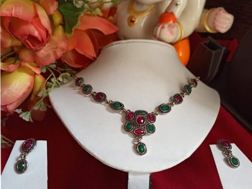 Trendilook Green Maroon Oxidized Silver Necklace Set