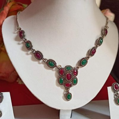 Trendilook Green Maroon Oxidized Silver Necklace Set