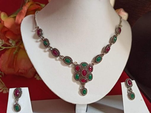 Trendilook Green Maroon Oxidized Silver Necklace Set