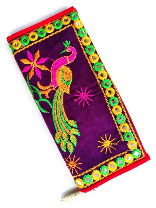 Trendilook Handmade Valvet Resham Peacock Hand Wallet for Ladies and Girls