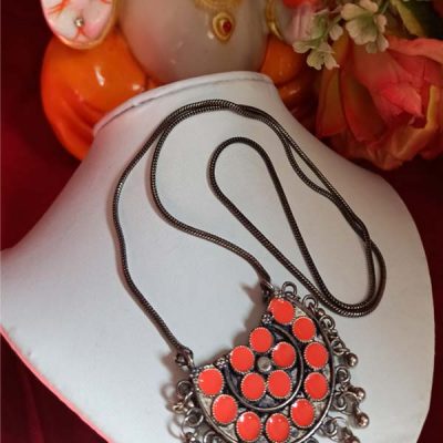 Trendilook German Silver Meenakari Orange Neckpiece