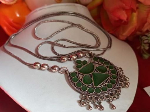 Trendilook German Silver Long Green Meenakari Neckpiece