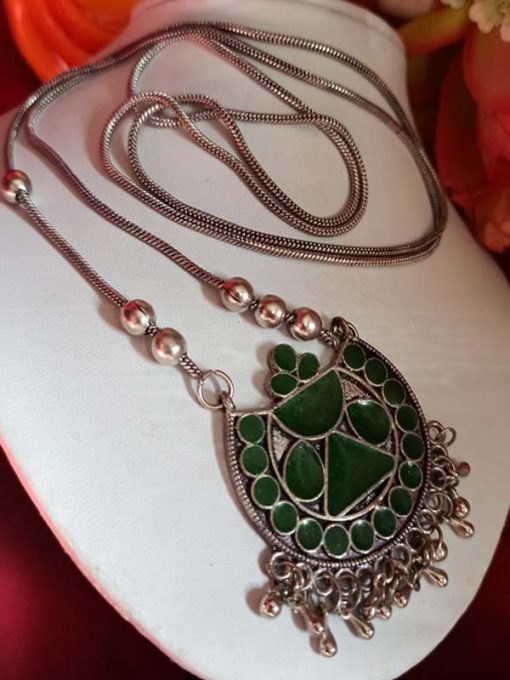 Trendilook German Silver Long Green Meenakari Neckpiece