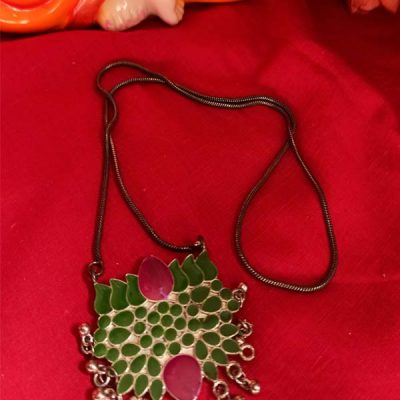 Trendilook German Silver Long Green Meenakari Neckpiece