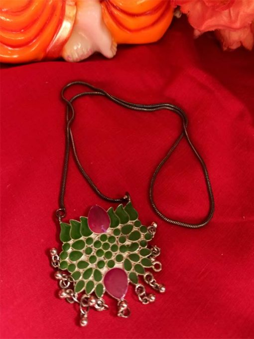 Trendilook German Silver Long Green Meenakari Neckpiece