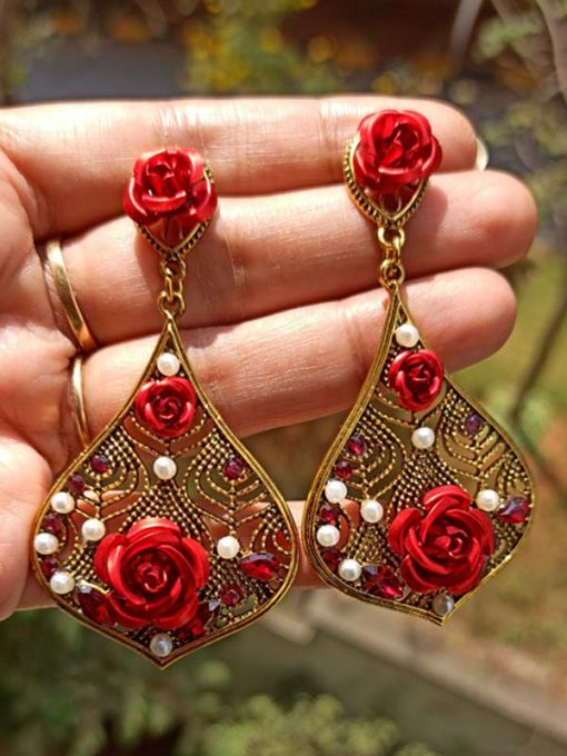 Trendilook Premium Quality Party Wear Patel Shape Red Crystal Drop Earring