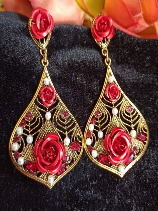 Trendilook Premium Quality Party Wear Patel Shape Red Crystal Drop Earring