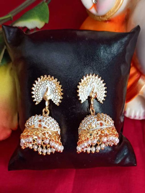 Trendilook German Gold With Pearl White Mayur Jhumki