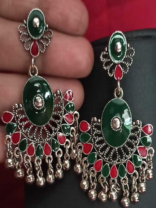 Trendilook German Silver Green Jhumki Earring