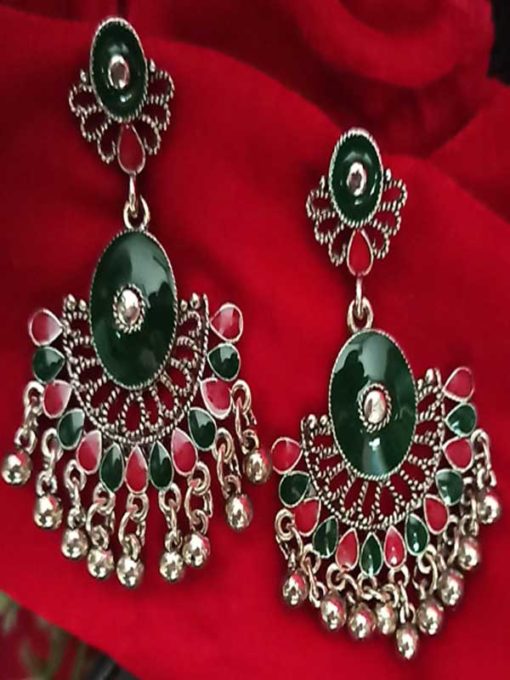 Trendilook German Silver Green Jhumki Earring