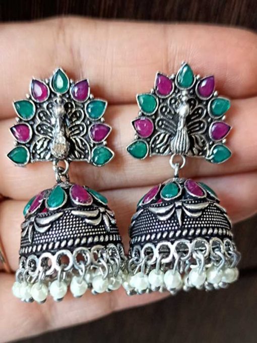 Trendilook German Silver Mayur Kundan Jhumki