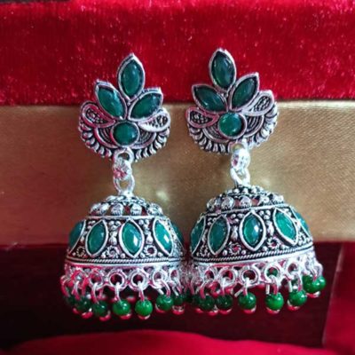 Trendilook Silver Plated Green Kundan Jhumki