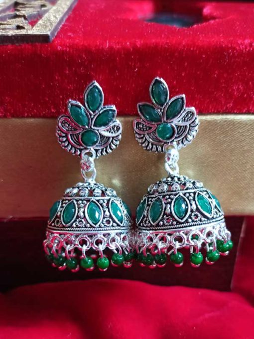 Trendilook Silver Plated Green Kundan Jhumki