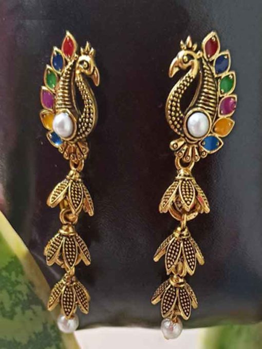 Trendilook Meenakari German Gold Mayur Jhumki