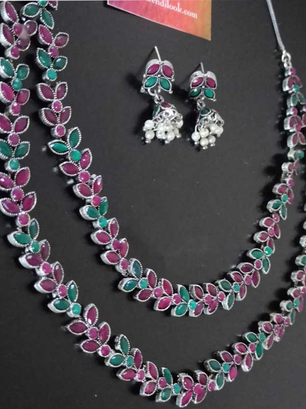 Trendilook Premium Quality German Silver Green and Rubi Kundan Necklace Set - Image 2