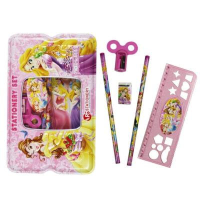 Trendilook-Cartoon-Printed-Princess-Art-Metal-Pencil-Boxes-Geometry-Box-Case-with-Pencil,-Eraser,-Scale,-Sharpener-and-Notebook-Stationary-Set-for-Girls-Kids-Inside